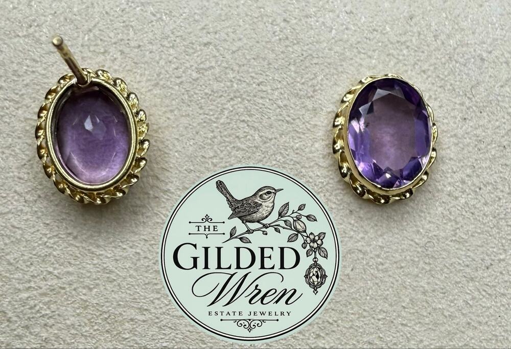 14K Yellow Gold Amethyst Stud Earrings 7x5mm Oval Rope Border February
